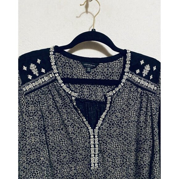 Lucky Brand Top Womens Large Black Metallic Embroidered Peasant Boho Whimsigoth - Picture 2 of 6